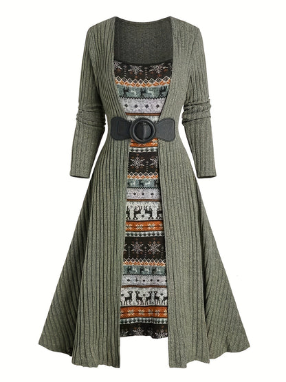 Geribbelde cardigan en jurkset met winterpatroon, lange model, riem