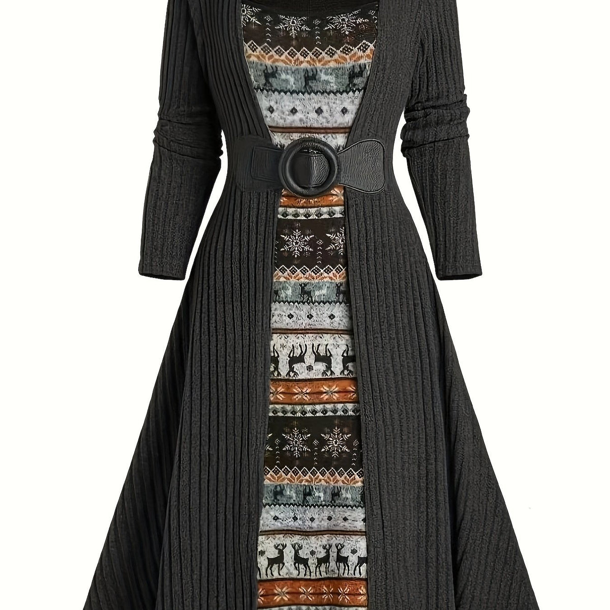 Geribbelde cardigan en jurkset met winterpatroon, lange model, riem