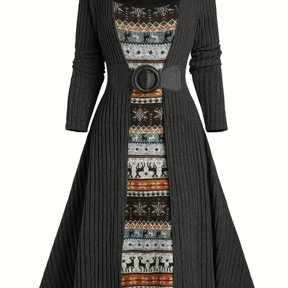 Geribbelde cardigan en jurkset met winterpatroon, lange model, riem