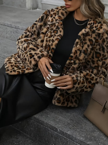 Leopardprint damesjas van nepbont met kraag en lange mouwen