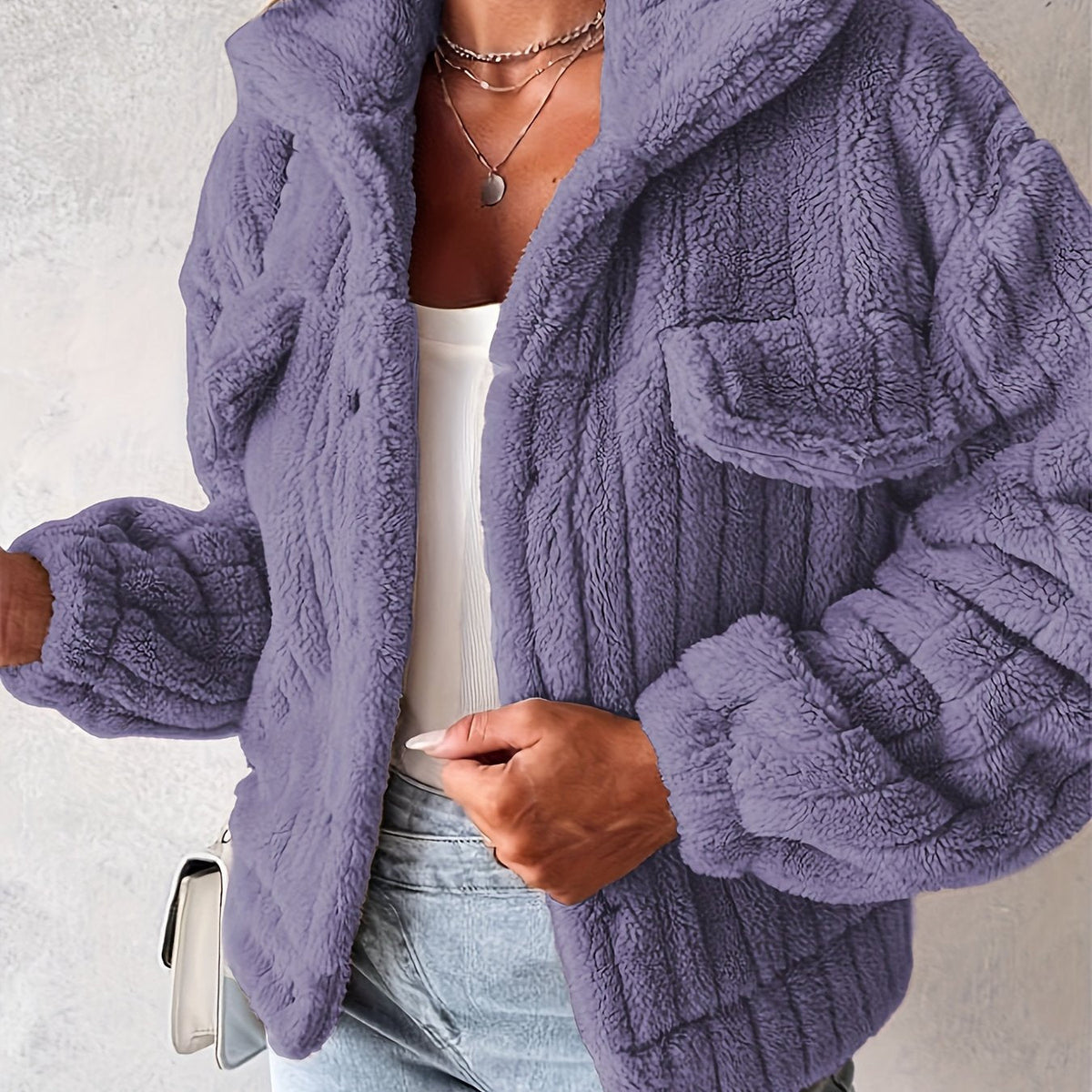 Dames teddyjack met kraag en borstzakken, fluffy warme jas