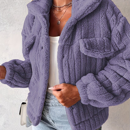 Dames teddyjack met kraag en borstzakken, fluffy warme jas
