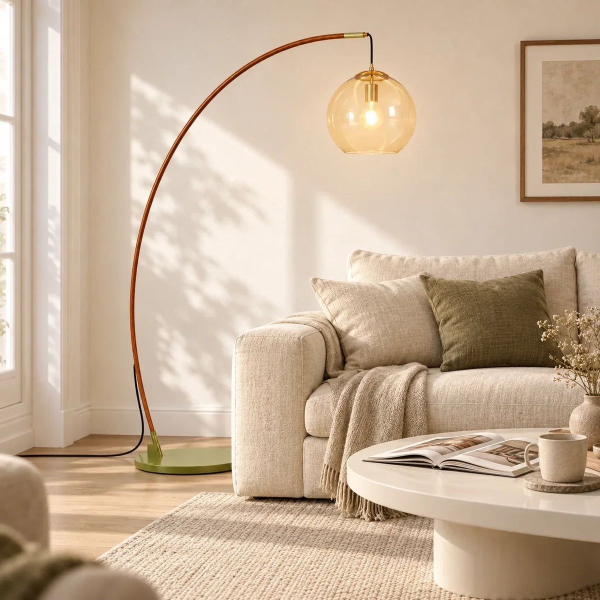 Elvara Boogvloerlamp – Moderne Vloerlamp met Amberkleurig Glas