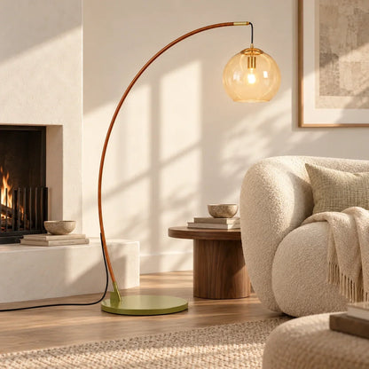 Elvara Boogvloerlamp – Moderne Vloerlamp met Amberkleurig Glas