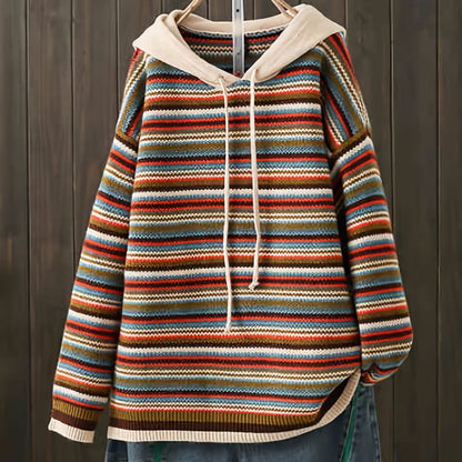 Randig gebreide hoodie met trekkoord