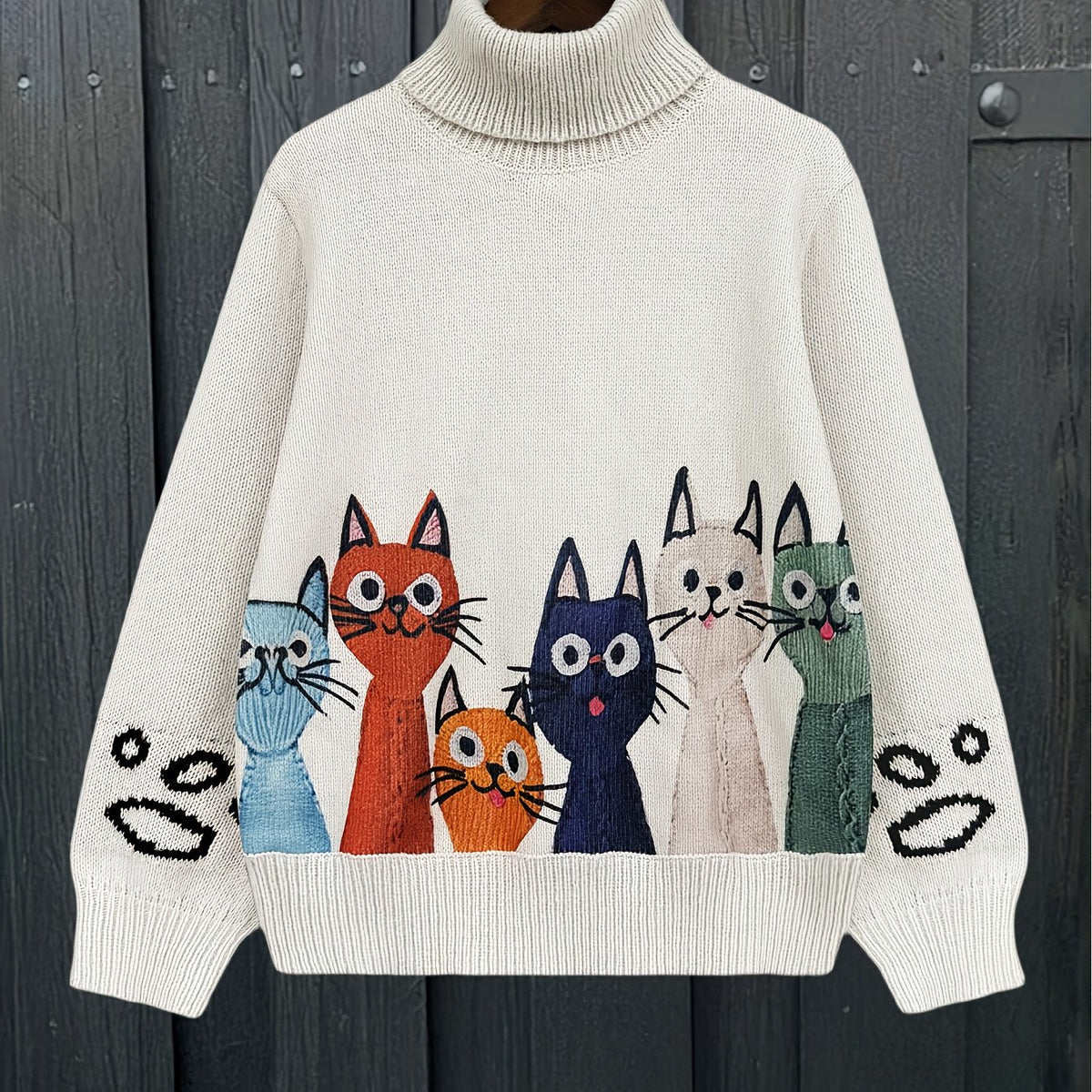 Polo trui met kattenmotief, gebroken witte gebreide trui met rolkraag en kleurrijke katten