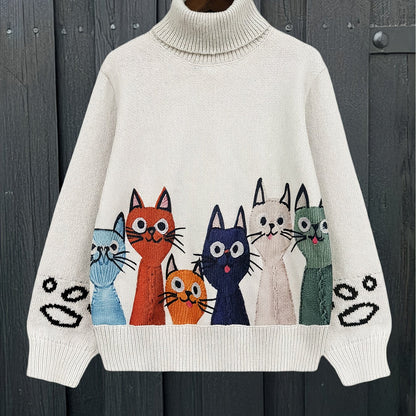 Polo trui met kattenmotief, gebroken witte gebreide trui met rolkraag en kleurrijke katten