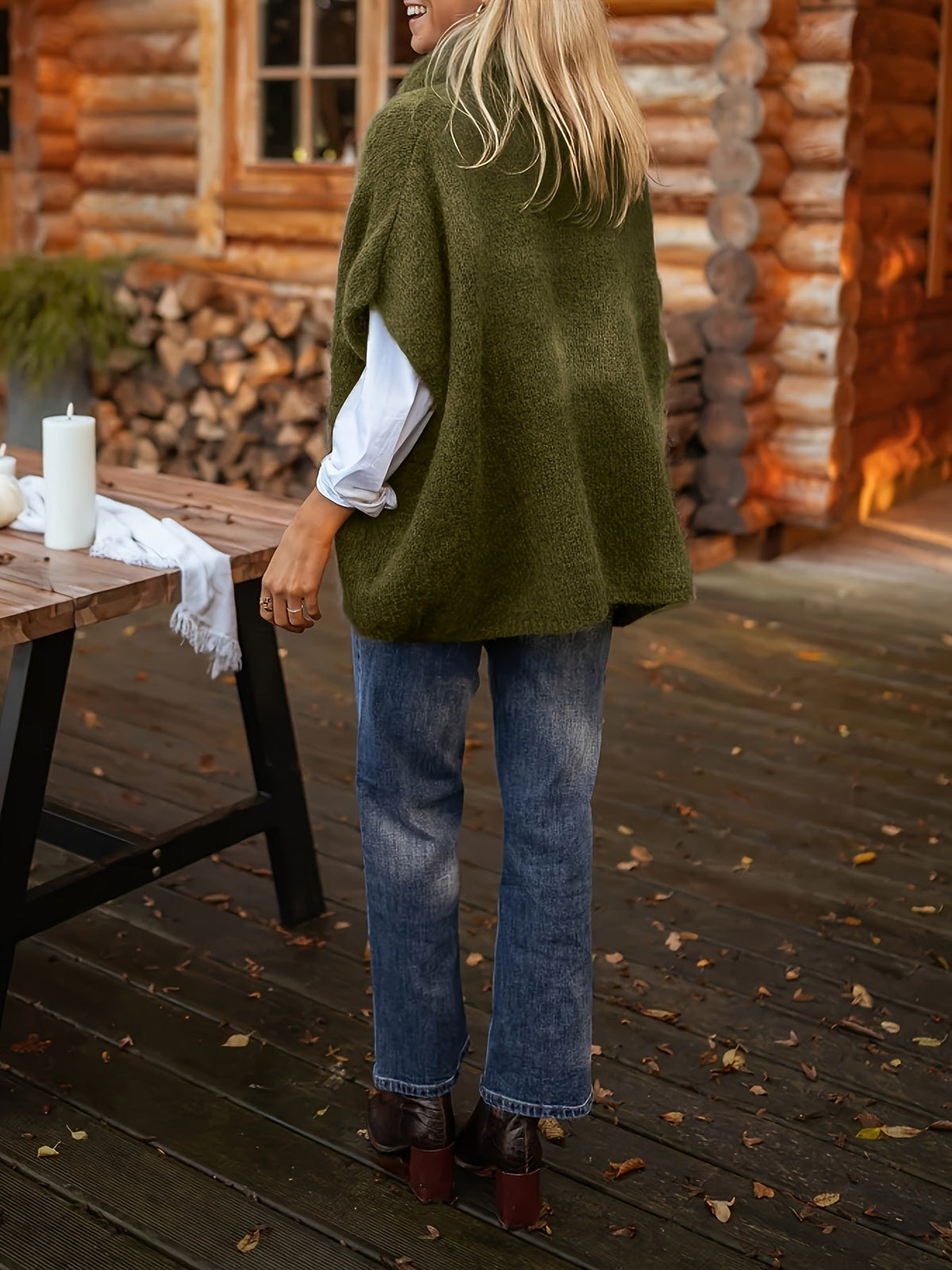 Gebreide poncho-top met polokraag en korte mouwen, losse pasvorm
