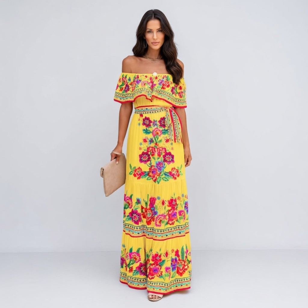 Solmira Maxi Jurk Dames – Off-Shoulder Bloemenprint Zomer