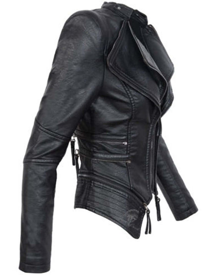 Dames Bikerjack Zwart met Asymmetrische Rits en Staande Kraag