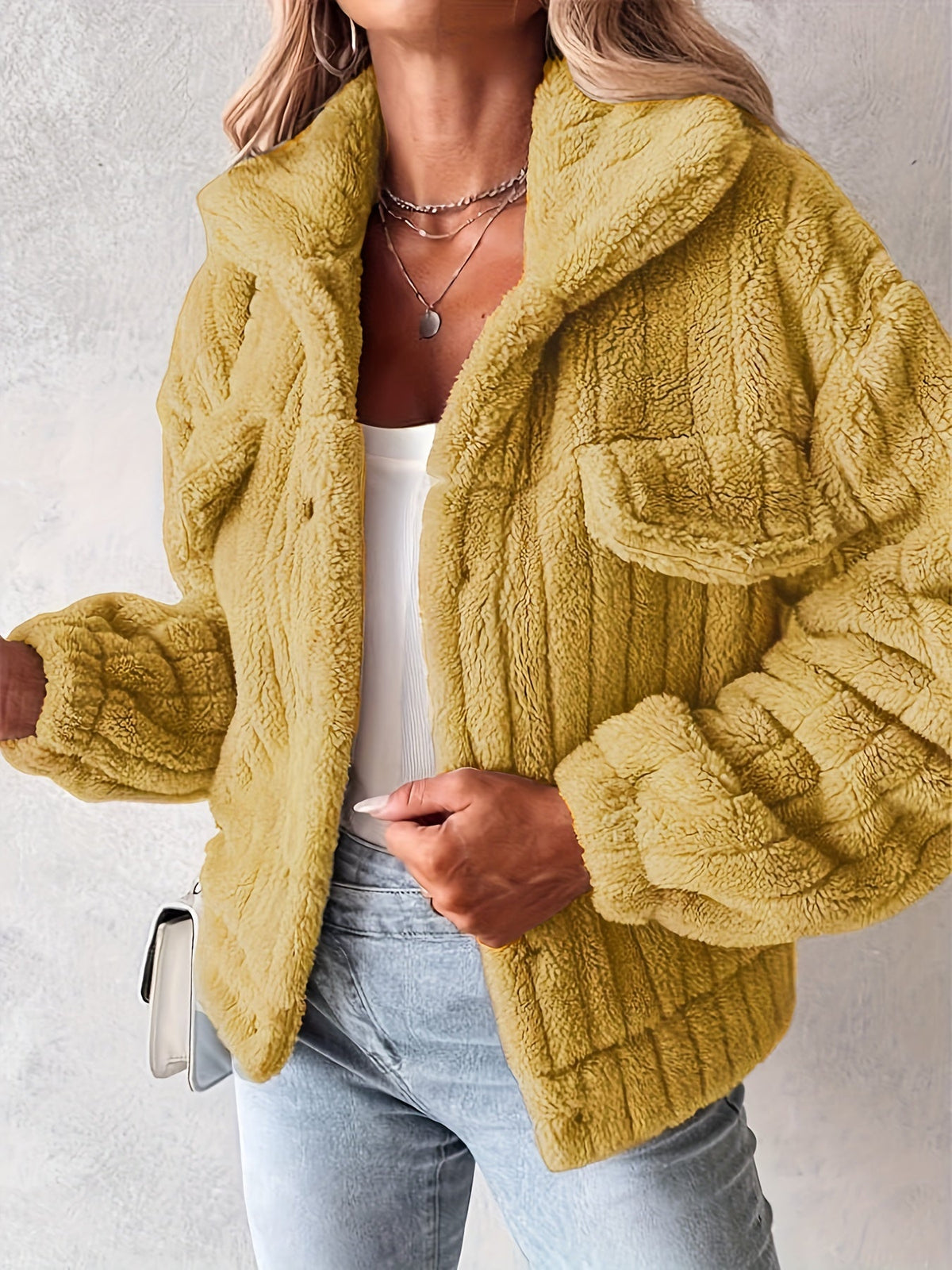 Dames teddyjack met kraag en borstzakken, fluffy warme jas