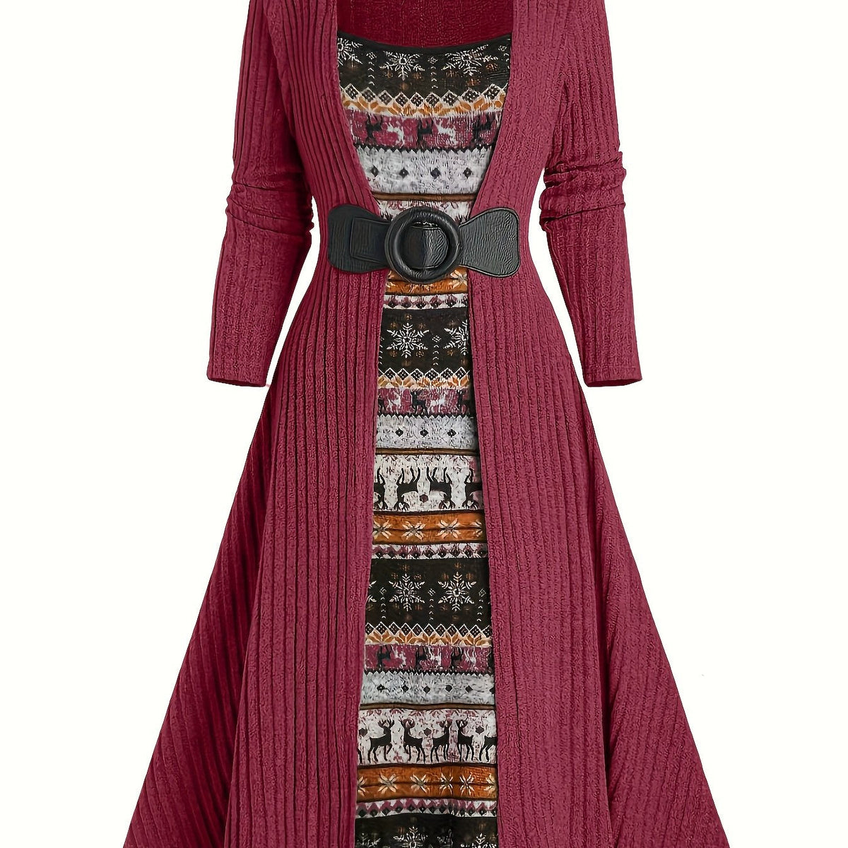 Geribbelde cardigan en jurkset met winterpatroon, lange model, riem