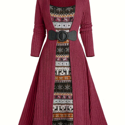 Geribbelde cardigan en jurkset met winterpatroon, lange model, riem