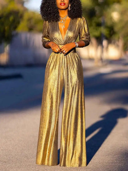 GlansLuxe Elegante Jumpsuit Dames V-hals Wijde Pijpen Feest Outfit