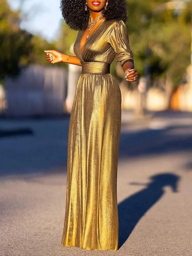 GlansLuxe Elegante Jumpsuit Dames V-hals Wijde Pijpen Feest Outfit