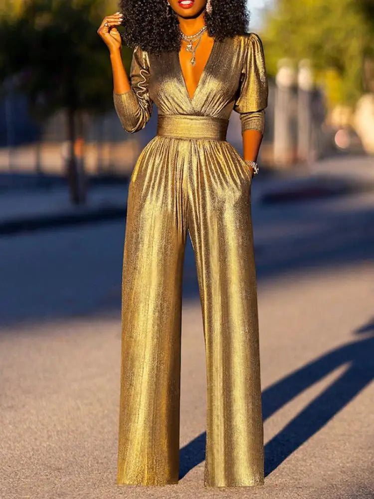GlansLuxe Elegante Jumpsuit Dames V-hals Wijde Pijpen Feest Outfit