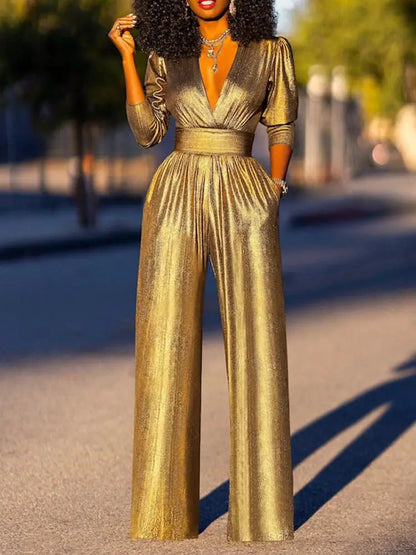 GlansLuxe Elegante Jumpsuit Dames V-hals Wijde Pijpen Feest Outfit