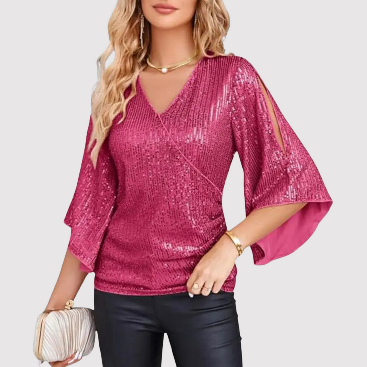 Feestglans – Damesblouse met Pailletten, V-hals en Splitmouwen