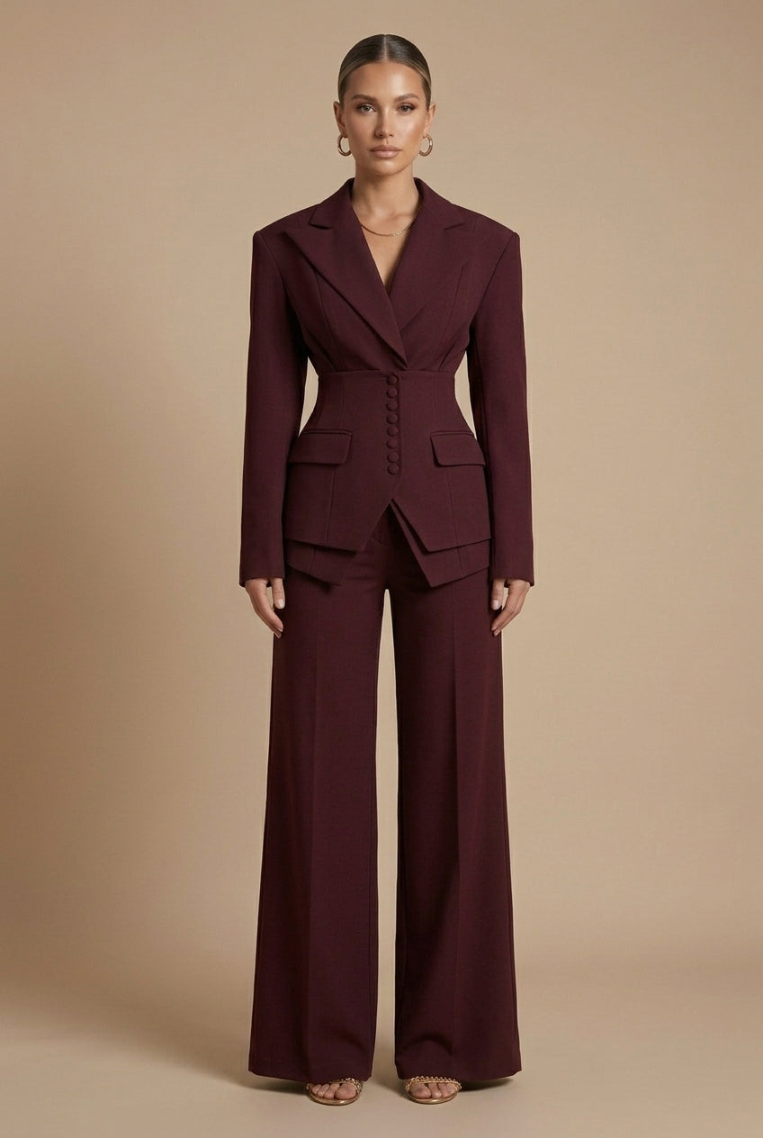 Elara Dames Pakset – Getailleerde Blazer en Wijde Broek