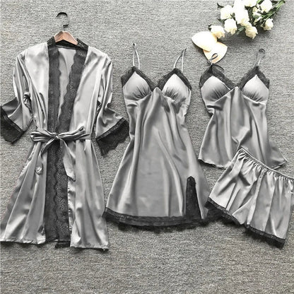 Silvéra Dames Satijnen Pyjama Set met Kant en Kimono