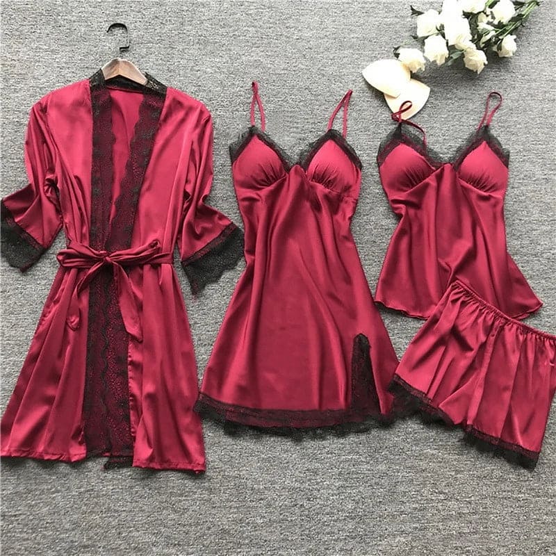 Silvéra Dames Satijnen Pyjama Set met Kant en Kimono