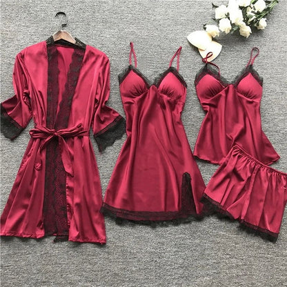Silvéra Dames Satijnen Pyjama Set met Kant en Kimono