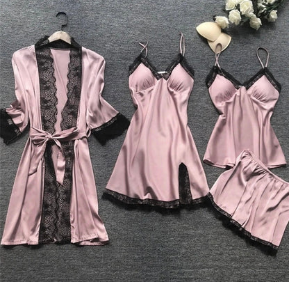 Silvéra Dames Satijnen Pyjama Set met Kant en Kimono
