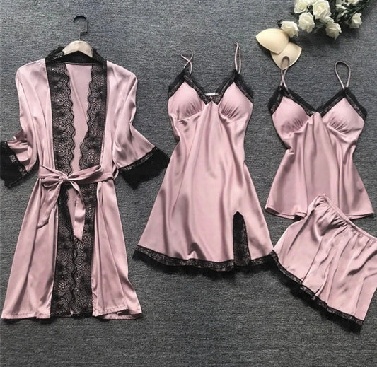 Silvéra Dames Satijnen Pyjama Set met Kant en Kimono