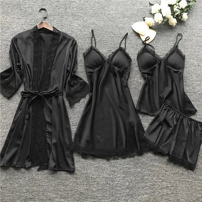 Silvéra Dames Satijnen Pyjama Set met Kant en Kimono