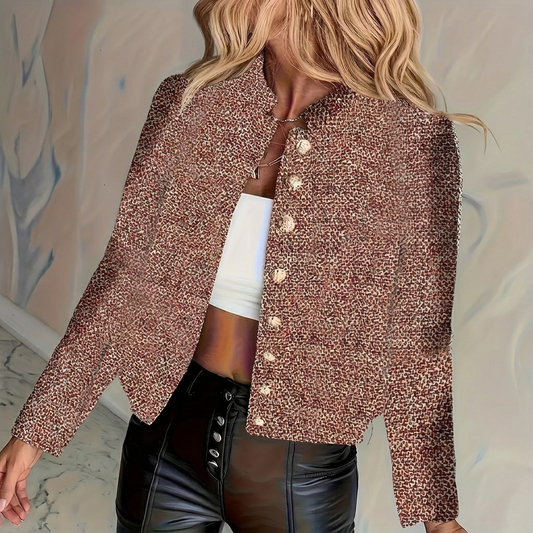 Dames Korte Blazer met Ronde Hals en Gouden Knopen
