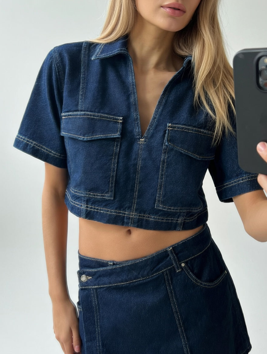 Denim Duo Zomer Set – Dames Top en Skort Stijlvolle Comfort Fit