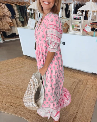 Marit Luchtige Strandjurk Dames met V-Hals en Zomerprint