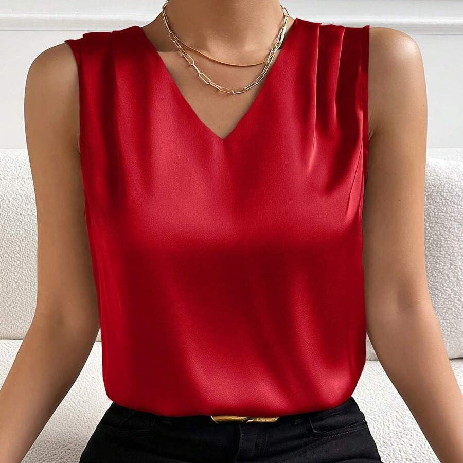Dames Elegante Mouwloze V-hals Blouse voor Kantoor en Feest