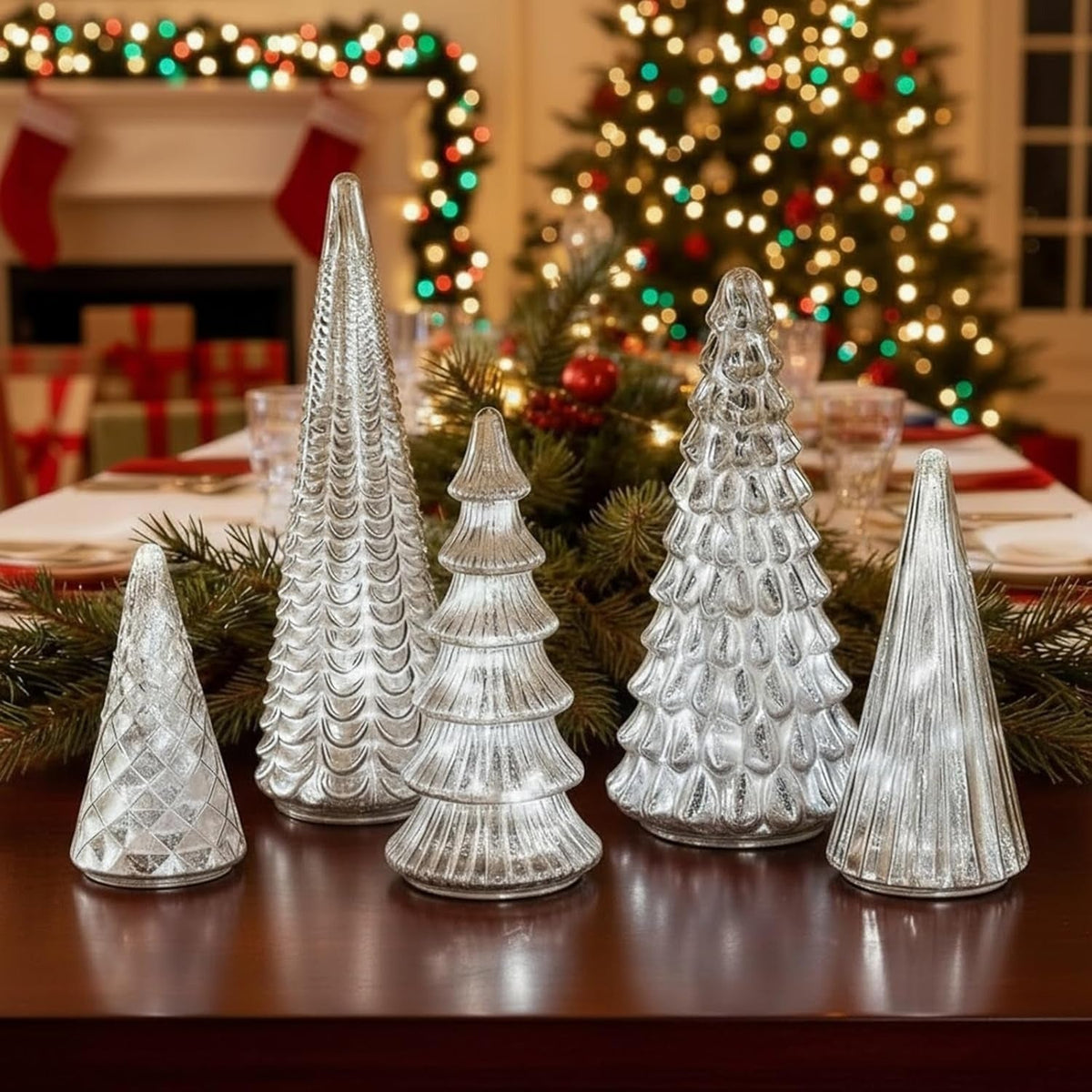 LED Kerst Dennen Set van 5 – Warmwitte Verlichting en Glitter