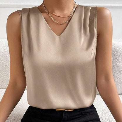 Dames Elegante Mouwloze V-hals Blouse voor Kantoor en Feest