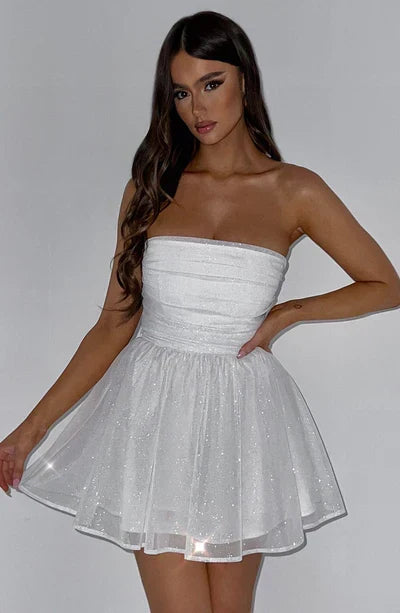 Luvéa Glitter Minikleed Dames – Schouderloos Feestjurkje