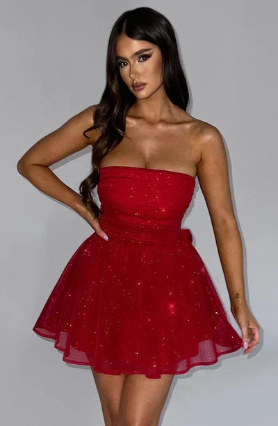 Luvéa Glitter Minikleed Dames – Schouderloos Feestjurkje