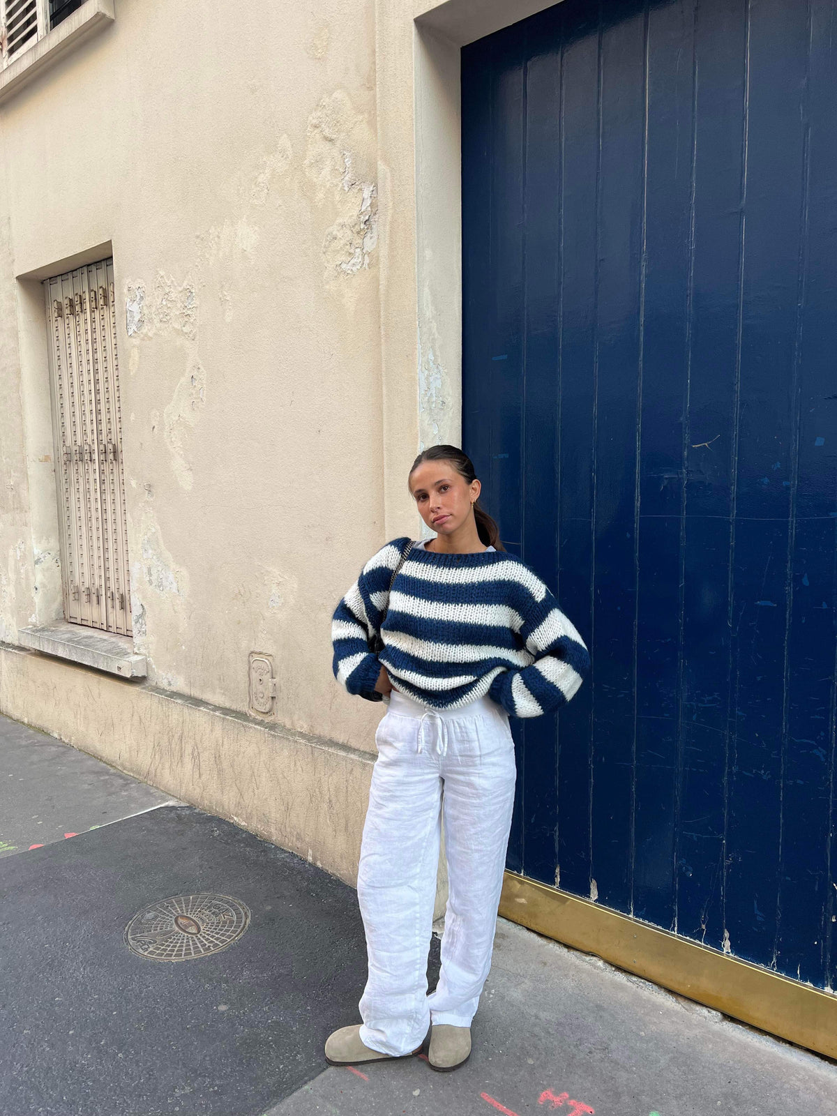 Strepenora – Oversized Damestrui met Brede Strepen en Ronde Hals