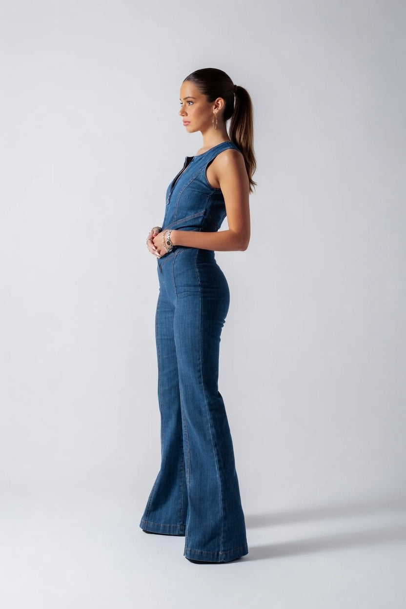 Retro Denim Jumpsuit Dames Slim Fit Stretch V-Hals