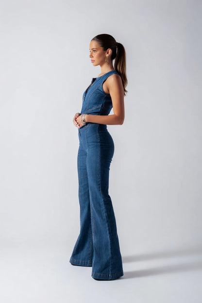 Retro Denim Jumpsuit Dames Slim Fit Stretch V-Hals