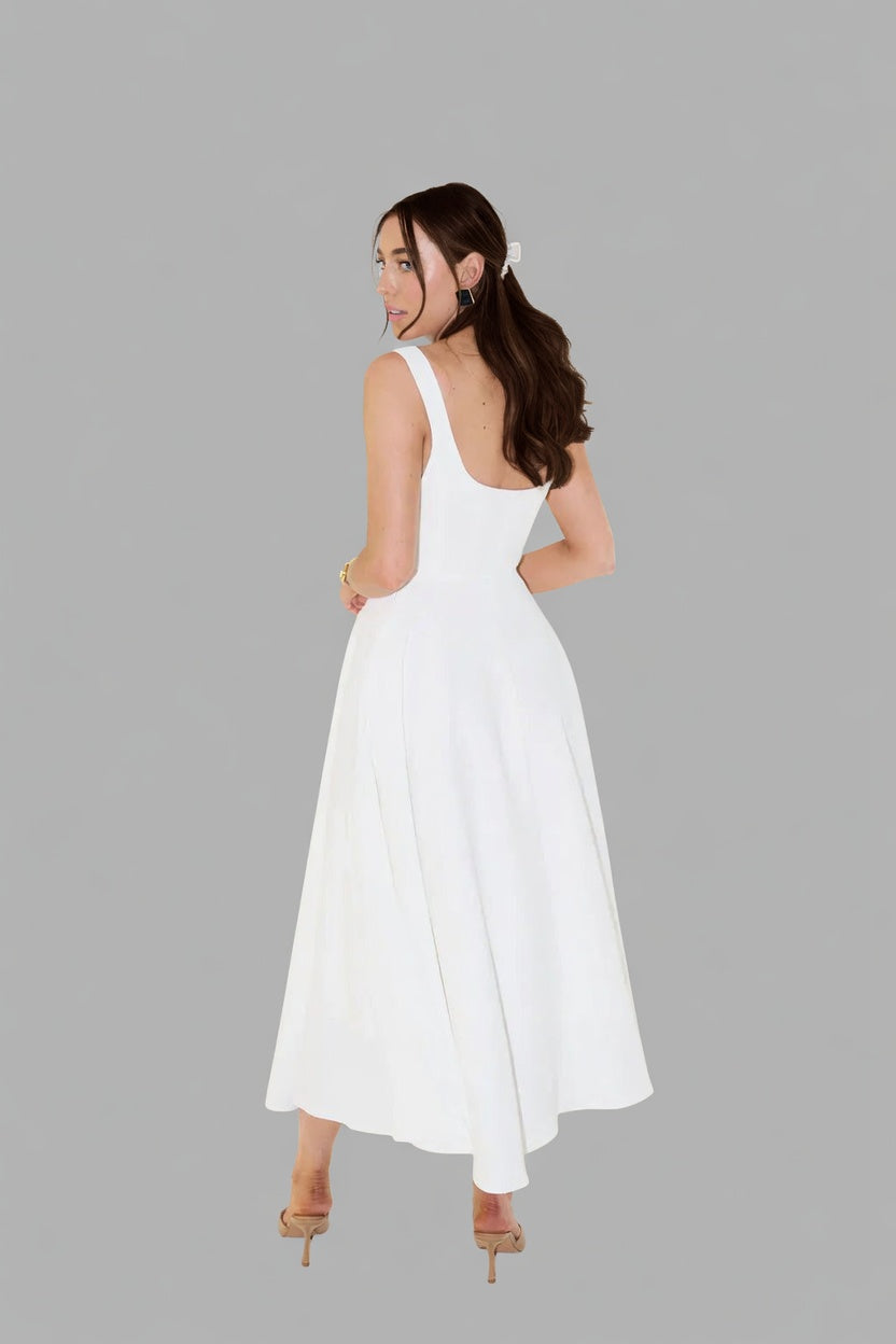 Elira midi jurk dames hoge taille vierkante hals elegant