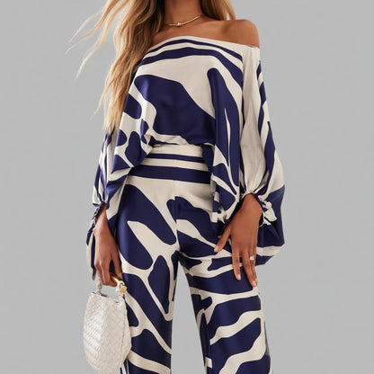 Satijnglans Off-Shoulder Set Dames Elegant Patroon Tweedelig
