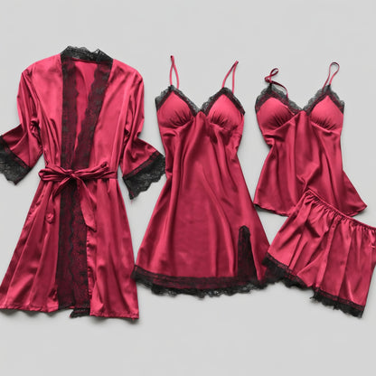 Silvéra Dames Satijnen Pyjama Set met Kant en Kimono