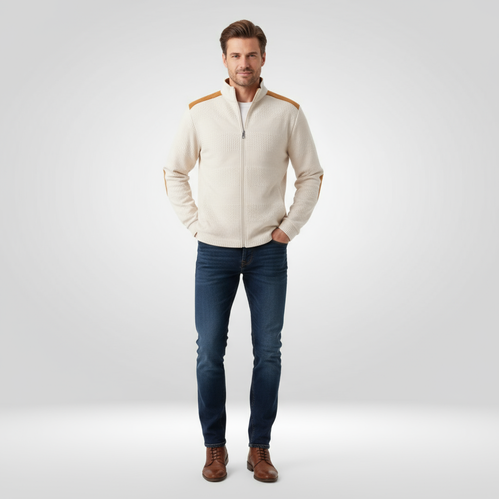 Heren Gebreid Vest – Jacquard Patroon met Borduursels en Rits