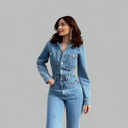Novira denim jumpsuit dames casual stretch met knoopsluiting