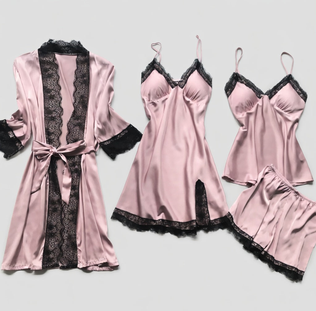 Silvéra Dames Satijnen Pyjama Set met Kant en Kimono