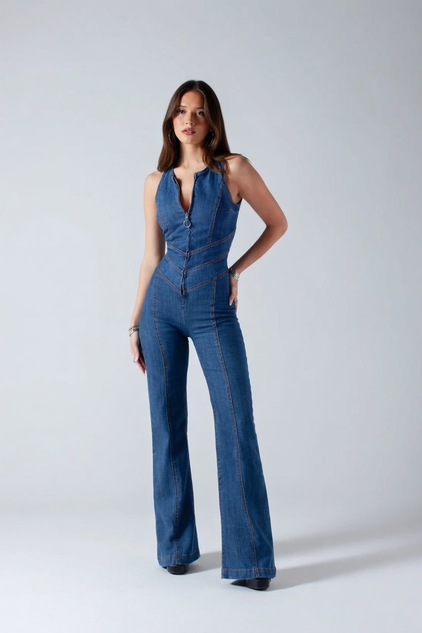 Retro Denim Jumpsuit Dames Slim Fit Stretch V-Hals