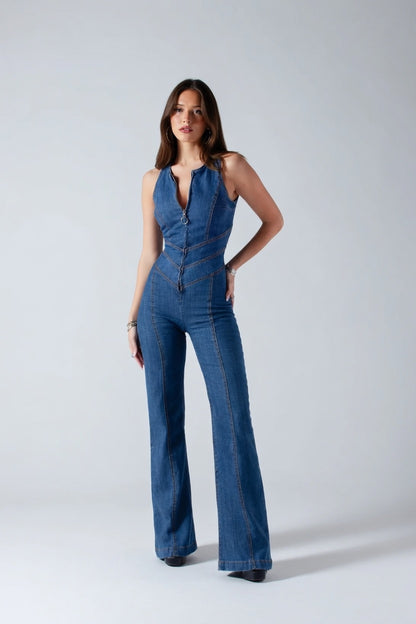 Retro Denim Jumpsuit Dames Slim Fit Stretch V-Hals
