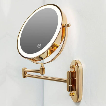 LED Wandspiegel met Gouden Afwerking en Vergrootglas