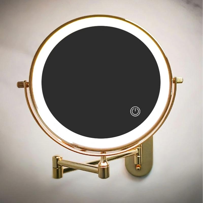 LED Wandspiegel met Gouden Afwerking en Vergrootglas